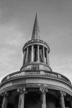 Black and white image of the All Souls spire